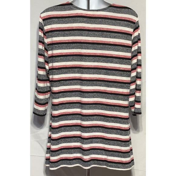 Christopher Banks Tunic Sweater L Red Blk Stripe V-neck 3/4 Sleeve Boho Hippie - Picture 3 of 8